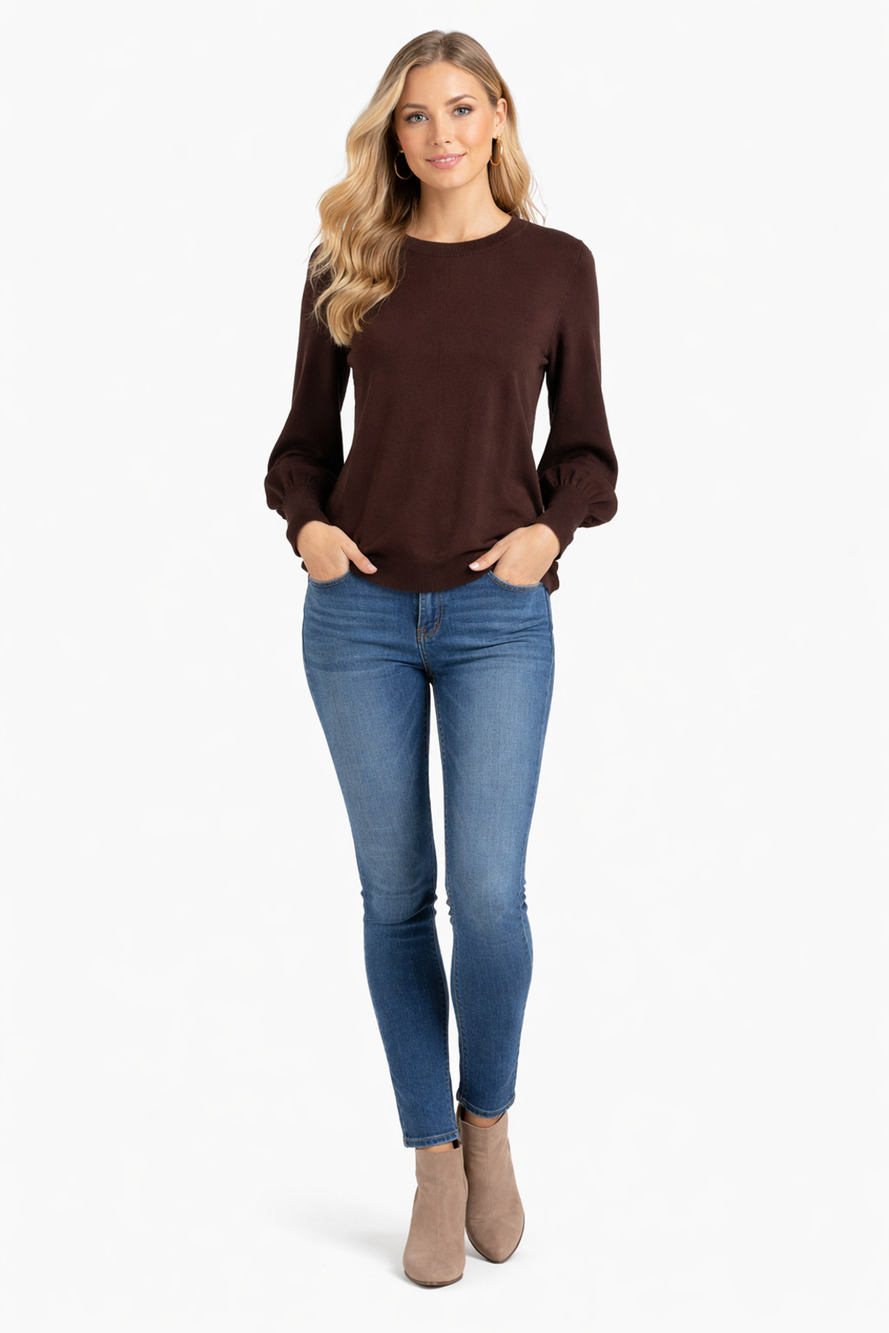Alex Marie Kyra Womens Blouson Sleeve Knit Sweater Size Medium Espresso NWT